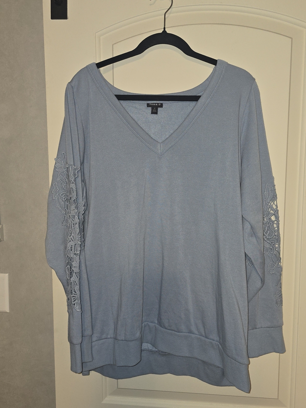 torrid Light Blue V-Neck Sweatshirt with Lace Sleeve Detail